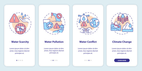 Water source threats onboarding mobile app screen. Dangers walkthrough 4 steps editable graphic instructions with linear concepts. UI, UX, GUI template. Myriad Pro-Bold, Regular fonts used