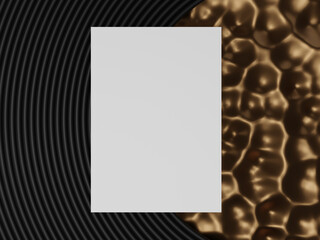 3D rendering of a template, canvas, gold metal bumps on the right, gray curves on black on the left