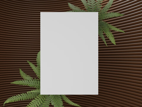 3D rendering of a template, behind the canvas a curved ribbed brown plane and ferns diagonally