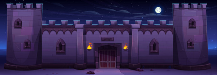 Wall of medieval stone castle at night. Vector cartoon illustration of ancient town citadel, fortress with windows, wooden gate and towers, moon and stars in dark sky. Old architecture. Royal palace - obrazy, fototapety, plakaty