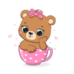 Happy birthday card, cute baby bear in the cup. Cartoon drawing vector