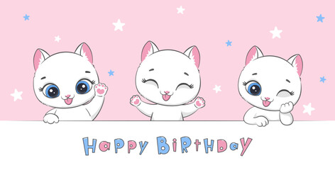 Draw vector illustration banner with cute cats . Happy Birthday concept. Vector illustration.