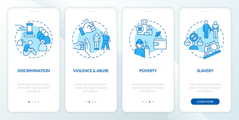 Fototapeta na wymiar Justice issues blue onboarding mobile app screen. Society problems walkthrough 4 steps editable graphic instructions with linear concepts. UI, UX, GUI template. Myriad Pro-Bold, Regular fonts used