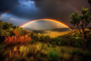 Fototapeta na wymiar double rainbow over a lush forest. Generative AI