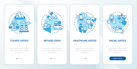 Fototapeta na wymiar Social justice examples blue onboarding mobile app screen. Walkthrough 4 steps editable graphic instructions with linear concepts. UI, UX, GUI template. Myriad Pro-Bold, Regular fonts used