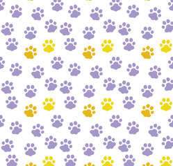 Fototapeta na wymiar Yellow And Purple Paw Print Pattern For Textile Design. Dog And Cat Paw Print