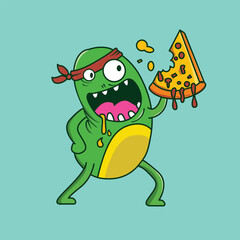Monster eats pizza