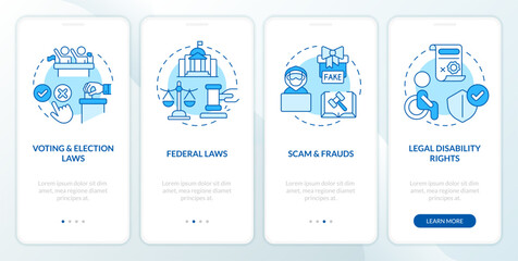 Fototapeta na wymiar Laws and legal matters blue onboarding mobile app screen. Walkthrough 4 steps editable graphic instructions with linear concepts. UI, UX, GUI template. Myriad Pro-Bold, Regular fonts used