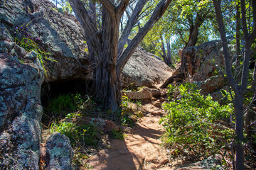 A footpath through the large Gneiss boulders at a popular state part in the Texas Hill Country