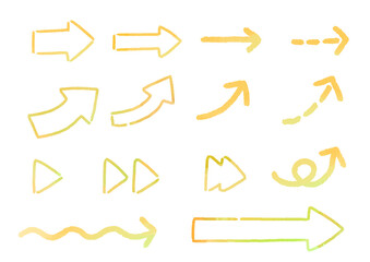 黄色の矢印セット　手描き　水彩風