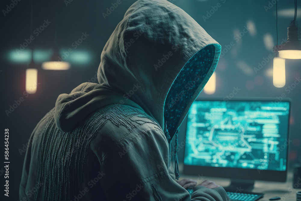 Poster hooded hacker using computer in dark room. cyber security concept. generative ai