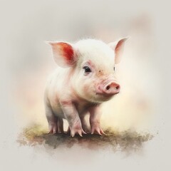 Pig on the farm. Digital watercolor painting. Generative AI