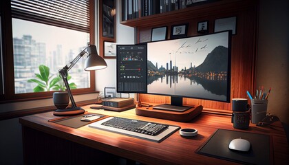 Computer on the table in office with cityscape view. Generative AI