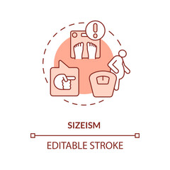 Sizeism red concept icon. Comment and criticize human body. Social injustice example abstract idea thin line illustration. Isolated outline drawing. Editable stroke. Arial, Myriad Pro-Bold fonts used