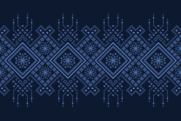 Indigo navy blue geometric traditional ethnic pattern Ikat seamless pattern border abstract design for fabric print cloth dress carpet curtains and sarong Aztec African Indian Indonesian 