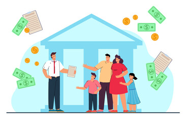Government funding family with low-income vector illustration. Grants for poor families, bank building, happy parents with kids and worker. Family budget, finances, government support concept