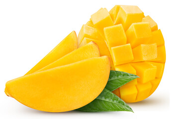 Ripe mango fruit isolated on white background. Mango composition with clipping path. Mango macro...