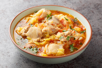 Spicy Asian chicken stew with vegetables such as leek, onion, ginger, tomatoes, garlic and chili close-up in a bowl on the table. Horizontal