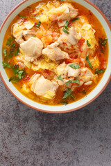 Jasha maroo spicy hot chicken stew with vegetables close-up in a bowl on the table. Vertical top view from above