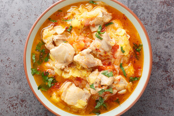 Homemade chicken stew with vegetables such as leek, onion, ginger, tomatoes, garlic and chili close-up in a bowl on the table. Horizontal top view from above