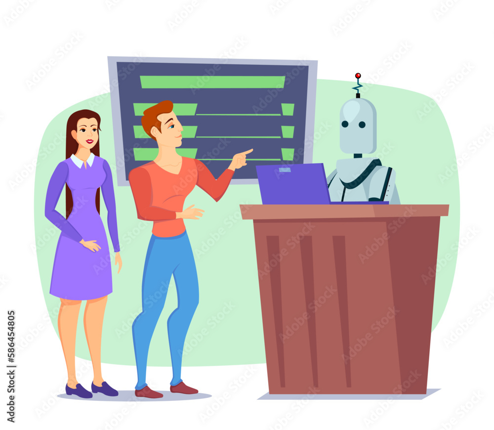 Poster ai robot assistant helping people vector illustration. chatbot with laptop working at airport or cus