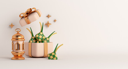 Islamic decoration background with ketupat, gift box, lantern, cartoon style, ramadan kareem, mawlid, iftar, isra  miraj, eid al fitr adha, muharram, copy space text area, 3D illustration.
