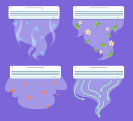 Different styles of air conditioning vector illustrations set. Home conditioners with cold, clean and fresh air flow on purple background. Air purifier, filter, hot weather, summer concept