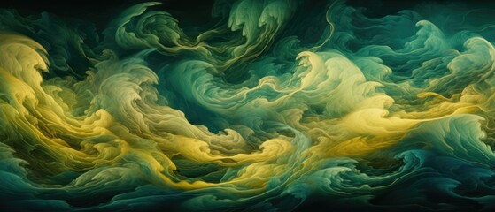 Fototapeta na wymiar Turbulent folds and swirls of dreamlike ocean wavy clouds, ethereal sea green yellow colors, soft soothing fantasy background - generative AI