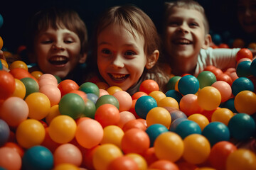 Fototapeta na wymiar Colorful Fun. Energetic group of children enjoying playful time in a vibrant ball pit. Playtime concept. AI Generative