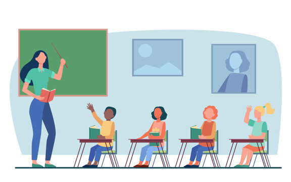 Students listening to teacher vector illustration. Woman holding book, standing at blackboard, teaching children lesson in classroom. Teachers Day, school, education concept