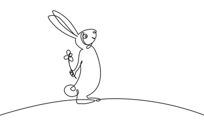 Cute Bunny Continuous One Line Drawing. Easter Card with Rabbit Modern Minimal Linear Style . Bunny Minimalist Continuous Single Line Illustration for Design. Vector EPS 10.