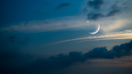 Eid Al Adha,Eid Al Fifr Adha Mubrak Arabic Background Concept,Crescent Moon with Star on Dark Night...