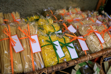 Trofie, traditional Italian pasta at a gift shop in Manarola, Cinque Terre Italy