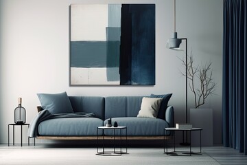 cozy living room featuring a blue couch and a vibrant painting on the wall. Generative AI