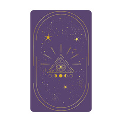 Tarot card gold with mystic eye pyramid in frame isolated. Boho esoteric tarot card with eye and star. Vector illustration. Sacred geometry celestial triangle