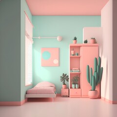 Pink cute bedroom interior. Bed room 3d rendering.