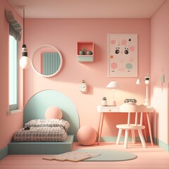 Pink bedroom interior design. Furniture luxury home bed room 3d rendering of poly house wall, Generative Ai.