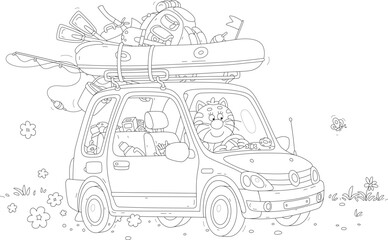 Funny cat fisherman going fishing in its small car with an inflatable boat, a tourist backpack and a tent on a trunk on summer vacation, black and white vector cartoon