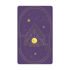 Tarot card gold with mystic eye pyramid in frame isolated. Boho esoteric tarot card with eye and star. Vector illustration. Sacred geometry celestial triangle