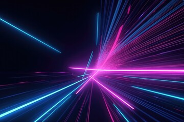 Fototapeta na wymiar 3d render, abstract neon background. Pink blue glowing lines, speed of light, meteor shower from left to right and it can be used a digital wallpaper - Generative AI