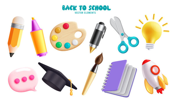 Back to school vector elements set design. School educational supplies and items isolated in white background. Vector illustration learning element collection.