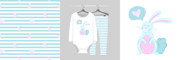 Seamless pattern and illustration set with sweet bunny with a speech bubble, pastel colors. Cute design pajamas on a hanger. Baby clipart for tee prints, baby shower decor, fabric design, wrapping