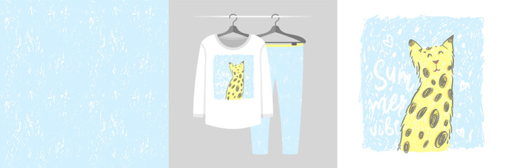 Seamless pattern and illustration set with sweet cheetah, Summer vibe text. Cute tartan design pajamas on a hanger. Baby clipart for tee prints, baby shower decor, fabric design, wrapping