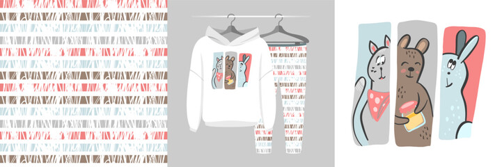 Seamless pattern and illustration set with three animals - a cat, a bear and a hare, pastel colors. Cute design pajamas on a hanger. Baby clipart for tee prints, baby shower decor, fabric