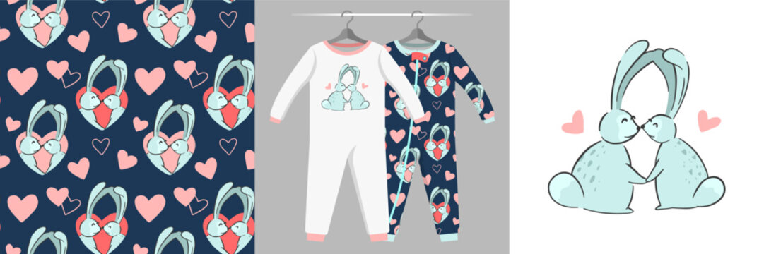 Seamless pattern and illustration set with bunnies in love. Family, gentle, touching, cute design pajamas on a hanger. Baby background for tee prints, baby shower decor, fabric design, wrapping