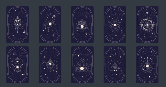 Tarot card set with mystic eye pyramid in frame isolated. Boho esoteric tarot card with eye and star. Vector illustration. Sacred geometry celestial triangle