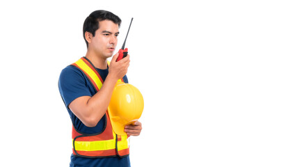 Portrait young architect man engineering wearing yellow helmet and hold megaphone in hand, He standing with smile isolated on white background with copy space