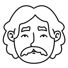 Portrait of man mustache and long hair. Male head front view.