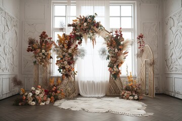wedding backdrop aesthetic flower decoration indoor studio background AI Generated