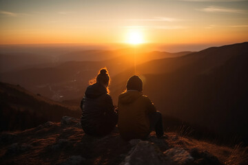 Mountain Sunset. Friends enjoying a breathtaking sunset view from the top of a mountain. Adventure and friendship concept. AI Generative